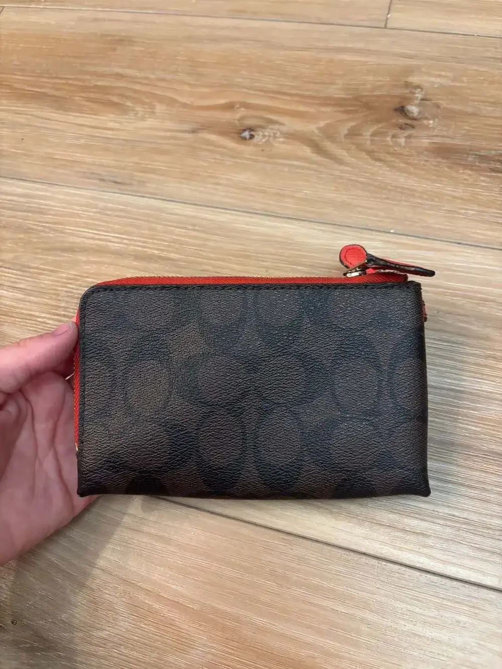 Coach Double Corner Zip Wristlet Wallet in Signature Canvas Brown and Red Trim